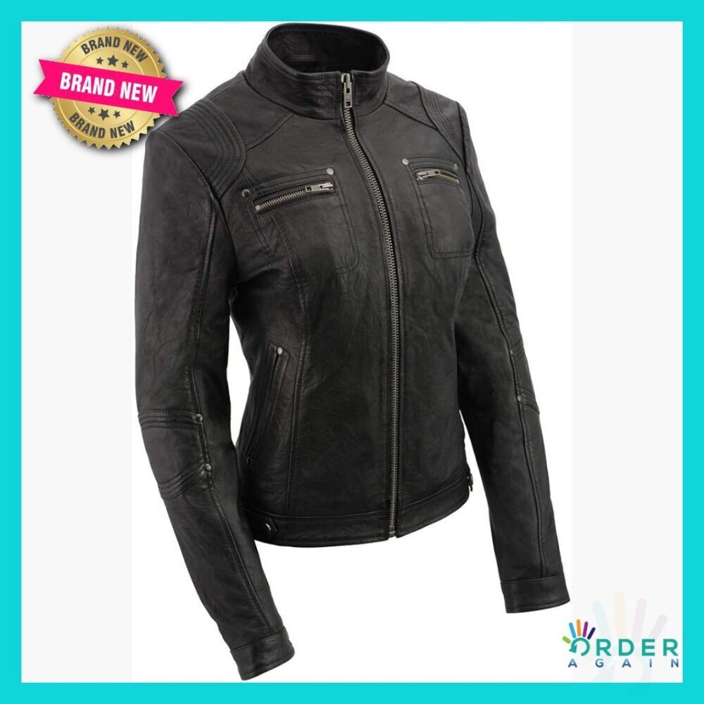 Fitted Leather Motorcycle Jacket Stand Collar Quilted Chic Retro Biker Style